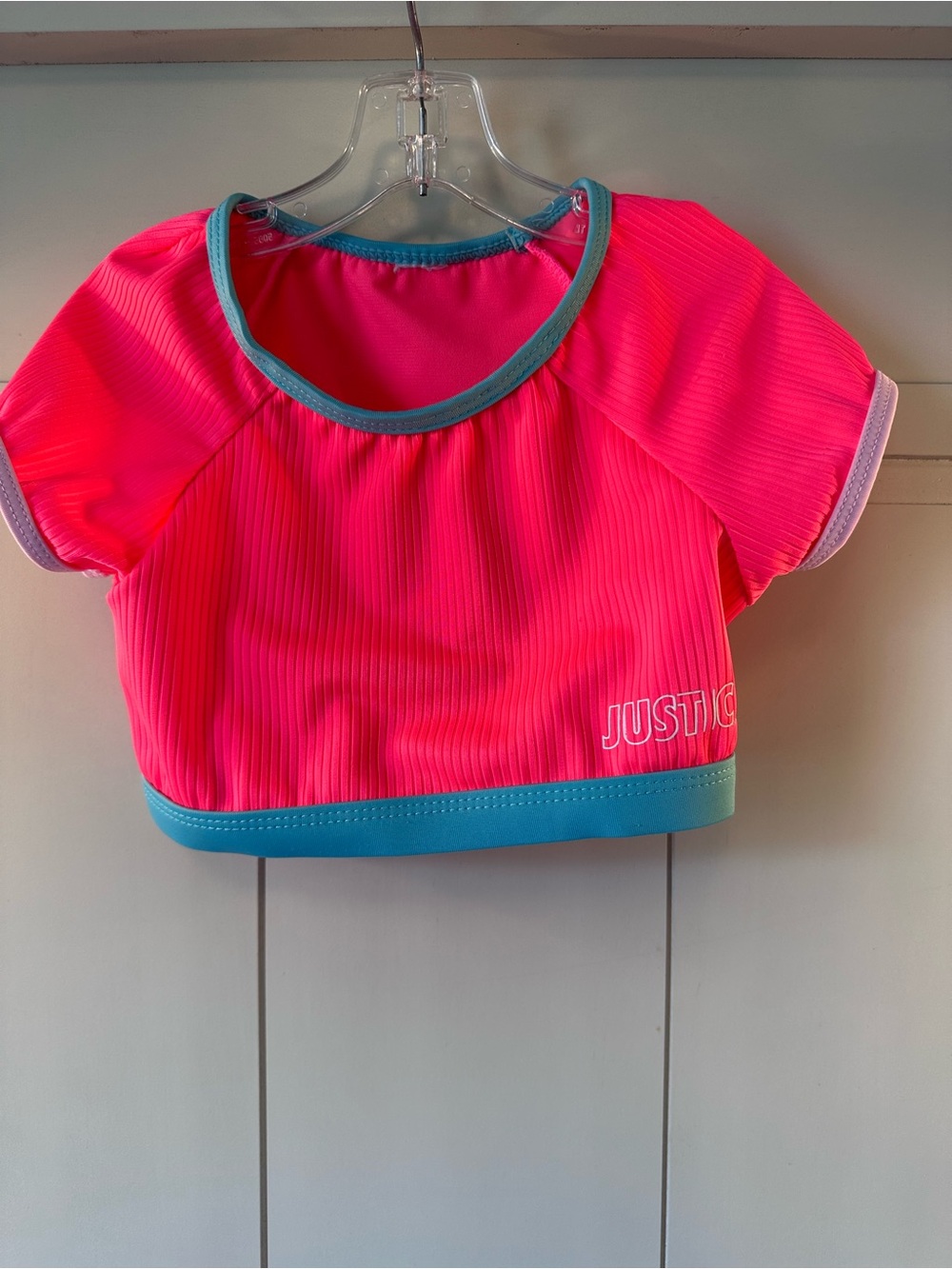 Justice Girls Neon Pink Swim Rashguard with Teal Trim